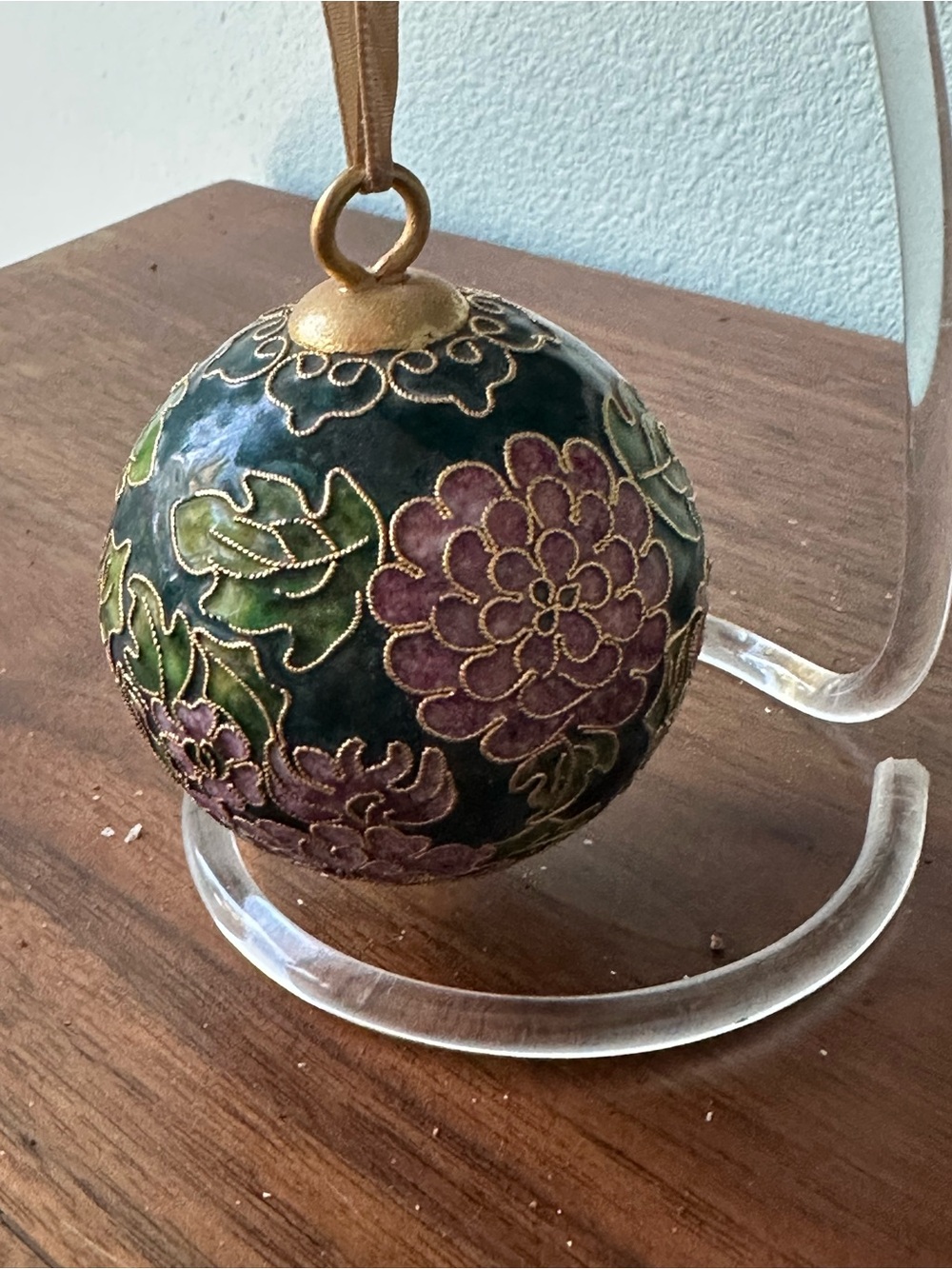 Ornate Floral Cloisonné Ornament - Green, Purple, Gold